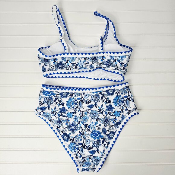 Women's Blue Floral Print Scoop Neck High Waisted Modest Bikini Set Size M NWOT - Picture 7 of 14